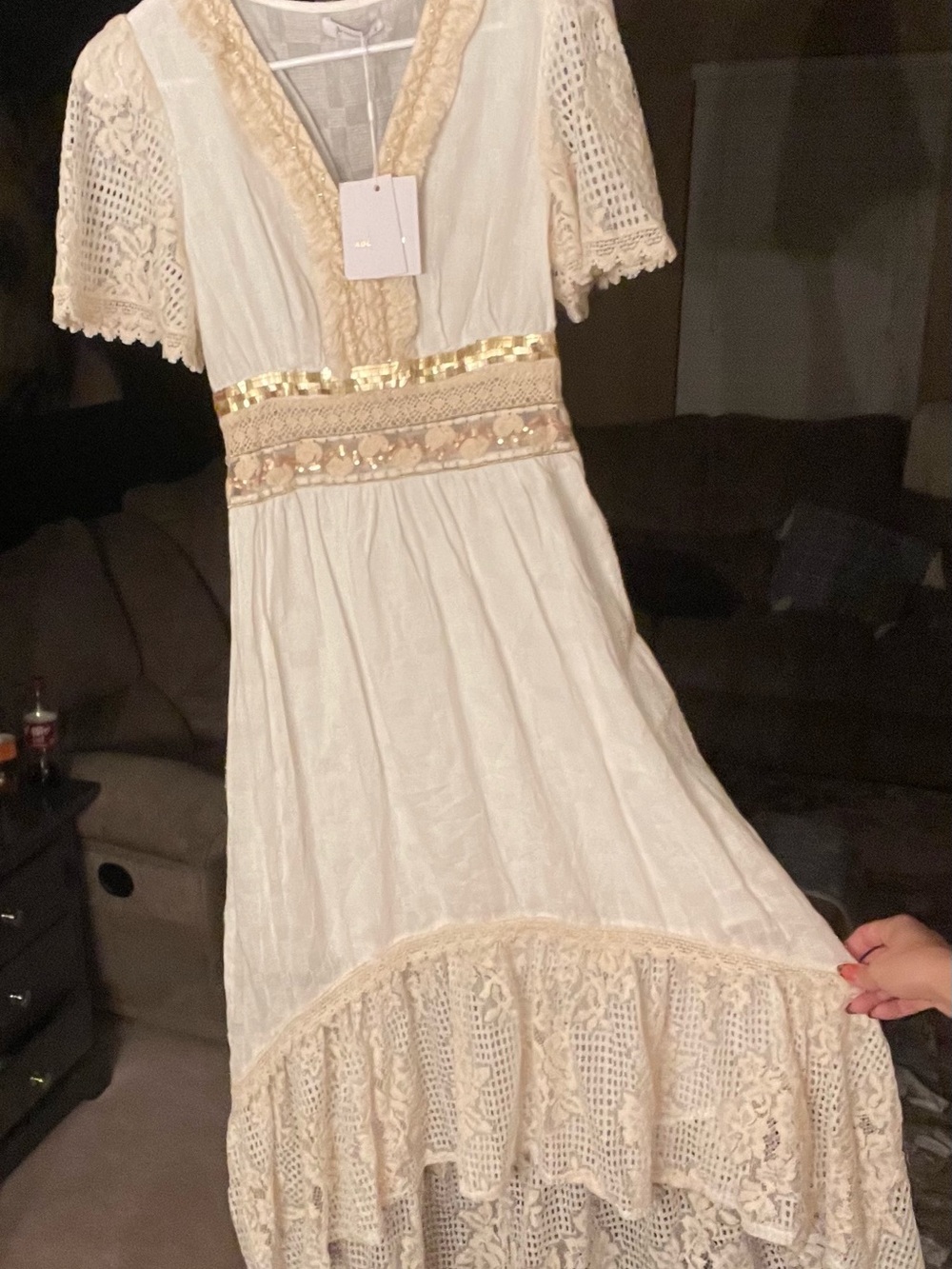 Boho Ivory Lace Midi Dress with Gold Trim